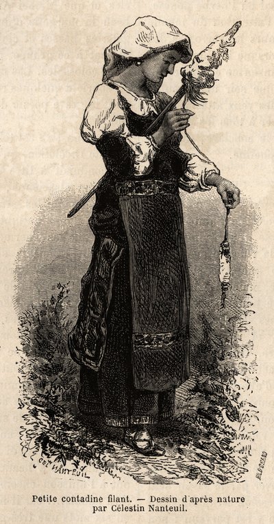 Kleine Contadine (Bäuerin) aus der Umgebung von Rom, die Wolle mit ihrer Spindel spinnt. Gravur zur Illustration der Reise nach Rom, von Francis Wey, 1864-1870, veröffentlicht in „Le Tour du Monde“ 1870-1871, herausgegeben von Edouard Charton, Hachette, Pa von Unknown artist