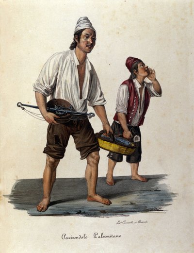 Kleines Straßenhandwerk: Verkäufer von lebenden Fischen. Sizilien, Gravur des 19. Jahrhunderts von Unknown artist