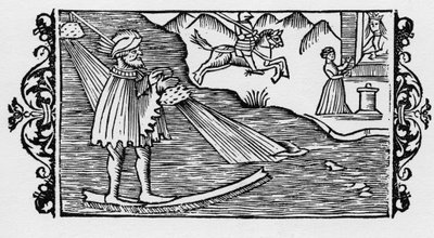 Zauberer überquert das Meer mittels eines Zaubers - in „Historia de Gentibus Septentrionalibus“ von Olaus Magnus, Rom 1555 von Unknown artist