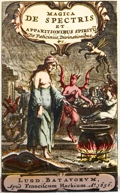 Hexen bereiten Tränke vor, beobachtet von Teufeln, Frontispiz aus „Magica de spectris et apparitionibus spiritu de vaticiniis, divinationibus“ von Henningus Grosius von Unknown artist