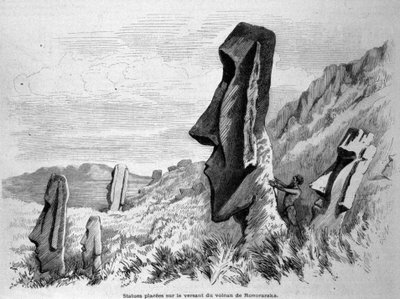 Statuen auf dem Hang des Vulkans Ronoraraka auf der Osterinsel (Rapa Nui). Gravur von 1871. von Unknown artist