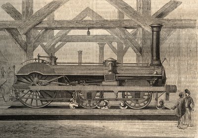 Dampflokomotivmodell, Crampton-System benannt nach Thomas Russell Crampton (1816-1888). Gravur von 1856. von Unknown artist