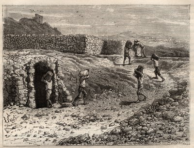 Schwefel - Eine Schwefelmine in Girgenti, Sizilien - Gravur in 