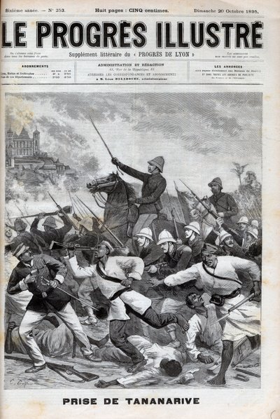 Einnahme von Antananarivo - Französische Militärs erobern Antananarivo 1895 - Eroberung von Madagaskar - Eroberung von Tananarive durch die französische Expeditionsarmee am 30. September 1895 - Gravur in „Le Progres Illustré“ von 1895. von Unknown artist