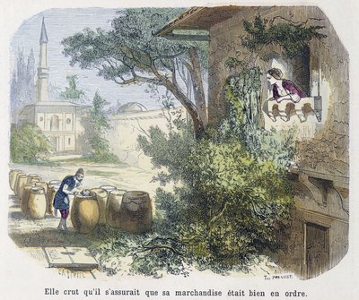 Märchen: „sie glaubte, dass er sicherstellte, dass seine Waren in Ordnung waren“ - in „Tausendundeine Nacht“, ed. Emile Guérin, erzählt von Md Bondet, Paris, n.d. von Unknown artist