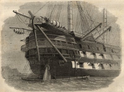 Telegrafie: Ansicht des Hecks des Schiffes H.M.S. „Agamemnon“, das das erste transatlantische Kabel verlegen wird. Gravur in „The Illustrated London News“ vom 5. Juni. von Unknown artist