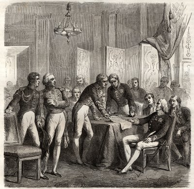 Das Bündnis von 1834 zwischen dem Vereinigten Königreich, Frankreich, Spanien und Portugal zur Durchsetzung der Konzession von Evoramonte - Angesichts des Anspruchs von Don Carlos auf den spanischen Thron, die Viererallianz (Charles-Maurice de Talleyrand - von Unknown artist