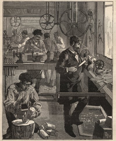 Die Kunst des Drehens: Drechslerwerkstatt auf Holz. Gravur von 1885 in „Les arts et métiers illustrés“ von Adolphe Bitard. von Unknown artist
