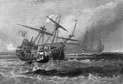 Der Corbin, der am 1. Juli 1602 auf dem Riff der Malediven-Inseln verloren ging. In „Allgemeine Geschichte der Marine“ von Van Tenac von Unknown artist