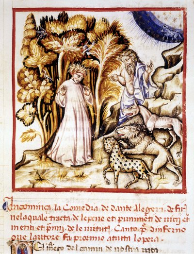 Die Göttliche Komödie von Dante Alighieri. Miniatur, die Dante, Virgil und die drei Bestien darstellt. Manuskript aus dem 14. Jahrhundert. Municipal Bibl. von Rimini von Unknown artist