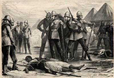 Der Kaiser (Negus) von Äthiopien Theodoros II. starb am 13. April 1868 nach der Eroberung von Magdala durch die Engländer, wohin sich der Negus zurückgezogen hatte. Gravur in „L