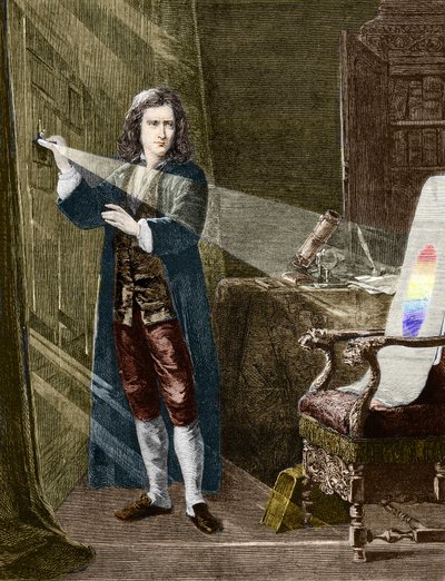 Der englische Physiker Isaac Newton (1642-1727) zerlegt Licht mit einem Glasprisma. Gravur von 1880 von Unknown artist