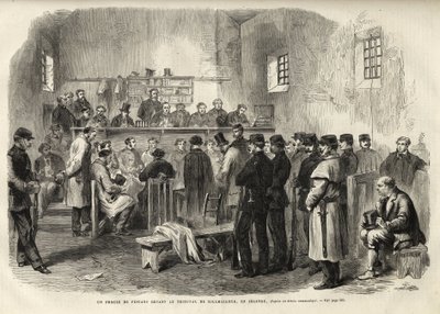 Die Fenian-Rebellion, Untersuchung von Mr. Cleary im Gerichtsgebäude von Kilmallock - 1867 - Ein Prozess gegen Fenians vor dem Gericht von Kilmallock in Irland - 1867 - Gravur aus „Das illustre Universum“ von 1867 von Unknown artist