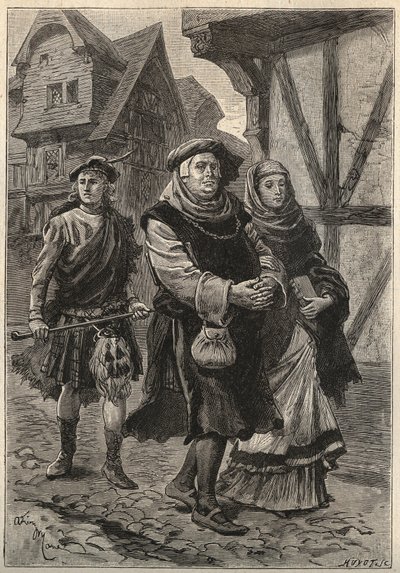 Der Gärtner begleitet seine Tochter zur Kirche - Illustration des 19. Jahrhunderts für den historischen Roman „The Pretty Girl of Perth or Valentine