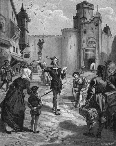 Der deutsche Ritter, Dichter und Humanist Ulrich von Hutten (1488-1523) deklamiert eines seiner Gedichte auf der Straße. Gravur des 19. Jahrhunderts. In „Histoire de France“ von Jules Michelet von Unknown artist