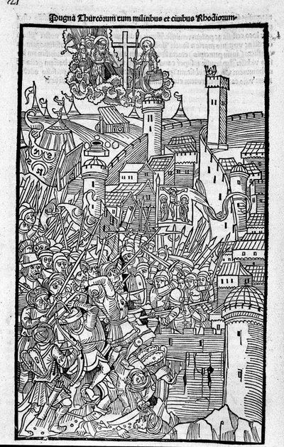 Die Ritter von Rhodos (der Orden der Hospitaliter des Heiligen Johannes von Jerusalem) greifen Rhode Island an in „Rhodiorum Historia“ von Guilelmus Caorsin, Ulmae, Joh. Reger 24. Oktober von Unknown artist