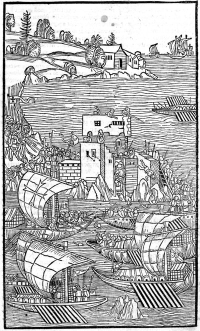 Die Ritter von Rhodos (der Orden der Hospitaliter des Heiligen Johannes von Jerusalem) greifen Rhode Island an in „Rhodiorum Historia“ von Guilelmus Caorsin, Ulm, Joh. Reger 24. Oktober von Unknown artist