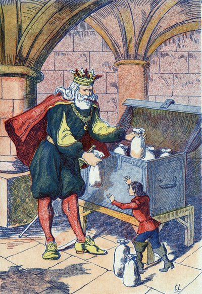 Der kleine Poulet wird vom König belohnt. Illustration zu „Der kleine Däumling“ von Charles Perrault von Unknown artist
