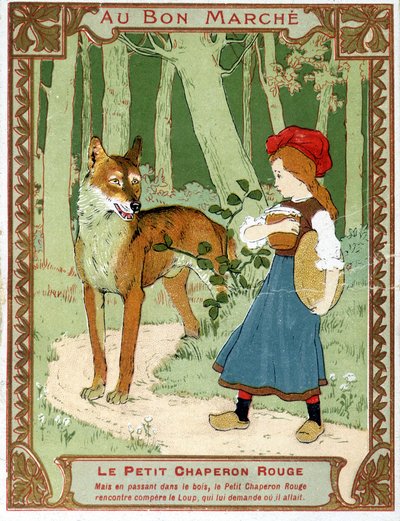 Rotkäppchen trifft den Wolf - Bon Marché Werbeetikett von Unknown artist