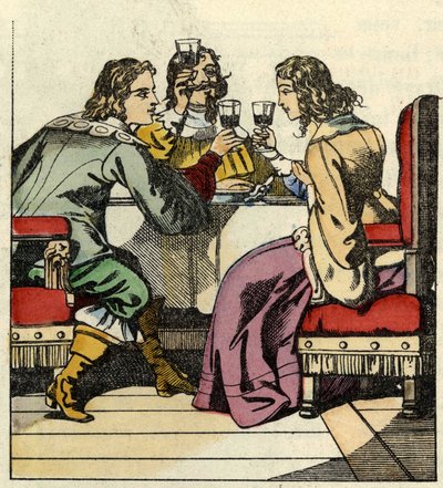 Der Marquis von Carabas lädt die Prinzessin und den König zum Essen ins Schloss ein. Illustration des Märchens „Der gestiefelte Kater“ von Charles Perrault. von Unknown artist