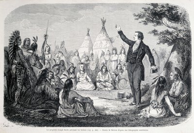 Der Mormonenprophet Joseph Smith predigt den Indianern (Nordamerika). Illustration aus dem 19. Jahrhundert von Unknown artist