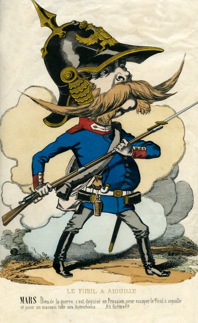 Das Zündnadelgewehr - Porträt von Otto von Bismarck (1815-1898), Kanzler von Preußen - Mars, der Kriegsgott, verkleidet sich als Preuße, um das Zündnadelgewehr auszuprobieren und den Österreichern einen Streich zu spielen... Karikatur von Unknown artist