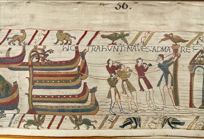Die Normannen ziehen ihre Schiffe ins Meer, Teppich von Bayeux von Unknown artist