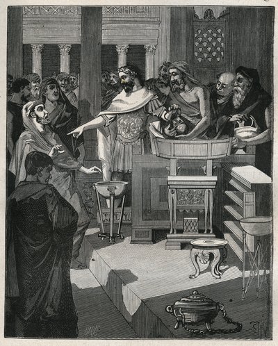 Der römische Kaiser Caligula (12-41) in einem Brocanter in Gallien. Gravur von 1885 in „Les arts et métiers illustrés“ von Adolphe Bitard. von Unknown artist