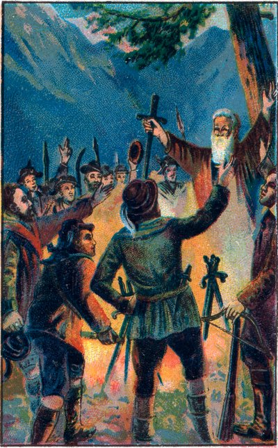 Der Rutlischwur - legendärer Eid der Alten Schweizerischen Eidgenossenschaft - Die drei Schweizer Eidgenossen schwören Treue auf dem Rütli. Chromolithographie aus dem späten 19. Jahrhundert von Unknown artist