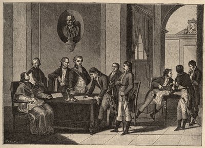Der Vertrag von Tolentino oder der Frieden von Tolentino ist ein Friedensvertrag, der am 19. Februar 1797 in Tolentino, Italien, zwischen Frankreich und den Päpstlichen Staaten unterzeichnet wurde. (Zwischen General Bonaparte und Papst Pius VI (1717-1799). von Unknown artist