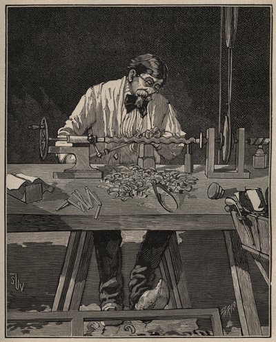 Die Kunst des Drehens: Bearbeitung einer Torso-Säule. Gravur von 1885 in „Les arts et métiers illustrés“ von Adolphe Bitard. von Unknown artist