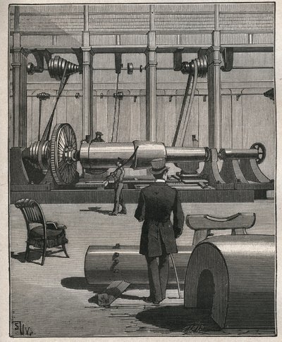 Die Kunst des Drehens: Schießen eines Stahlmonstergeschützes. Gravur von 1885 in „Les arts et métiers illustrés“ von Adolphe Bitard. von Unknown artist