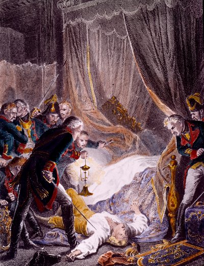 Die Ermordung von Paul I. Petrovich (1754-1801), russischer Zar, in seinem Zimmer im St. Michaelspalast nach erzwungener Abdankung. Gravur um 1801 von Unknown artist