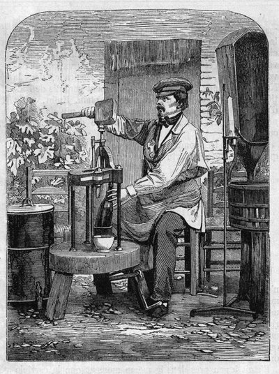 Das Abfüllen von Champagnerwein. Gravur von 1864. von Unknown artist