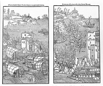 Die Eroberung von Rhodos durch die Türken 1522. Die Türken greifen die Festung St. Nikolaus an. Xylographie. von Unknown artist