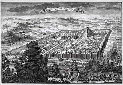 Die Stadtmauern von Babylon umgeben die hängenden Gärten und den Turm von Babel von Unknown artist