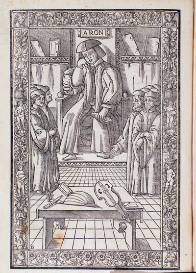 Der Komponist und Musiktheoretiker Pietro Aaron als Vorsitzender unter seinen Schülern. Illustration aus Toscanello in musica von Unknown artist