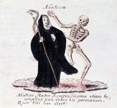 Der Totentanz, die Äbtissin und ein Skelett (Druck) von Unknown artist