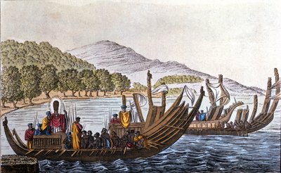 Die Abreise der Polynesier für den Pazifik an Bord von Doppelrumpfkanus. Lithografie aus dem frühen 19. Jahrhundert von Unknown artist