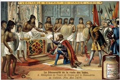 Die Entdeckung des Seewegs nach Indien: Empfang von Vasco da Gama durch den Samudrin von Calicut, Ende Mai 1498 - Werbevignette Liébig von Unknown artist