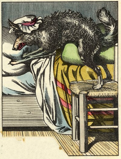 Der verkleidete Wolf nimmt den Platz der Großmutter im Bett ein. Illustration des Märchens „Rotkäppchen“ von Charles Perrault. von Unknown artist