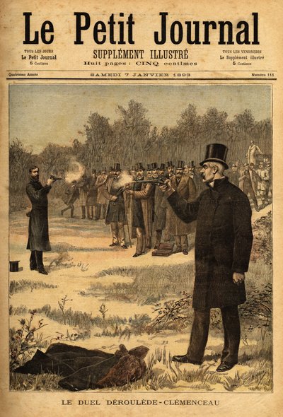 Das Duell mit der Pistole (in Frankreich seit 1626 verboten) zwischen den Abgeordneten Paul Deroulede (1846-1914) und Georges Clemenceau (1841-1929), ohne Schaden. Gravur in „Le petit journal“ 7/01/1893. Selva-Sammlung von Unknown artist