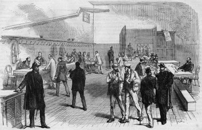 Die Wahlen in Paris 1869: Verteilung der Wahlkarten im Rathaus von Montmartre. Gravur von 1869. von Unknown artist