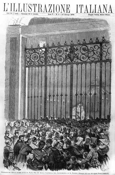 Die Ausstellung des Leichnams von Papst Pius IX. (1792-1878) in der Kapelle des Sacramento im Vatikan. Titelblatt von „L
