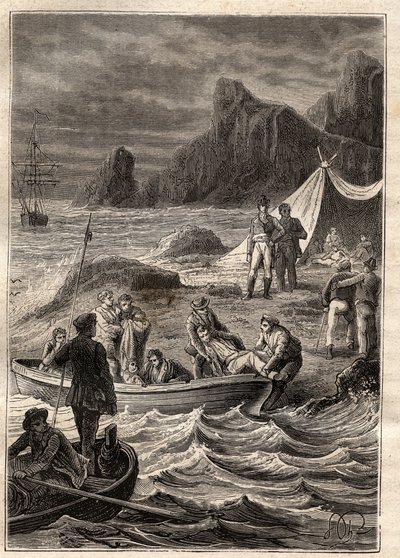 Die Expedition in die südlichen Länder (1800-1803) von Nicolas Baudin (1754-1803): die Skorbutkranken wurden an Land in der Bay of Adventure (Tasmanien, Australien) gebracht - Illustration aus „The Great Mariners of the 18th century“ von Unknown artist
