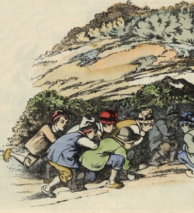 Die Brüder des kleinen Däumlings verstecken sich in einem hohlen Felsen, um dem Oger zu entkommen. Illustration des Märchens „Der kleine Däumling“ von Charles Perrault von Unknown artist