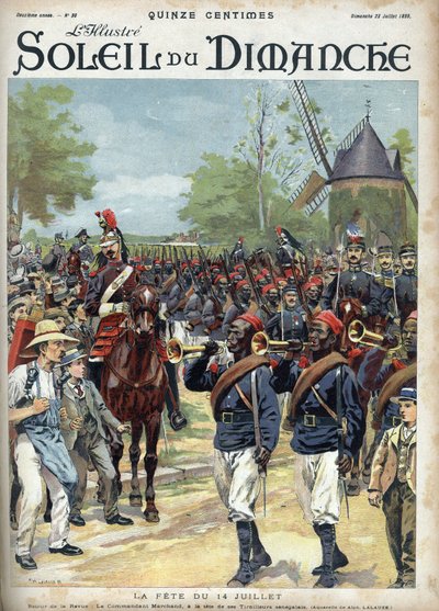 Das Fest am 14. Juli: Kommandant Marchand führt die senegalesischen Reiter an. Gravur in „Le soleil-du-dimanche“, 23. Juli von Unknown artist