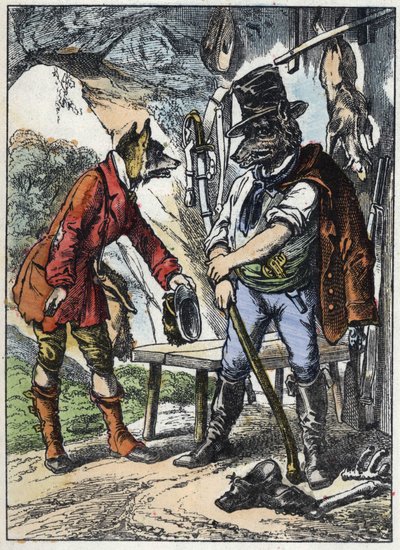 Der Fuchs und der Wolf. Illustration aus dem Märchen „Gute Mutter Schaf“. In „Märchen aus dem Heim für die Kleinen“. Anonyme Gravur aus dem 19. Jahrhundert. von Unknown artist
