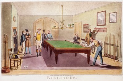 Das Billardspiel. Gentlemen der hohen englischen Gesellschaft spielen Billard. Gravur von 1827. Private Sammlung von Unknown artist