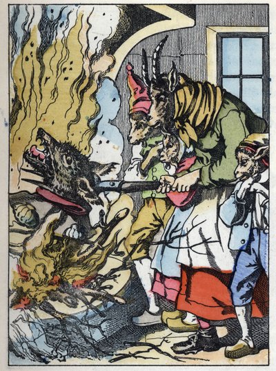Die Ziege tötet den Wolf im Kamin. Illustration des Märchens „Compere le Loup, Maitre Renard, Comere la Chevre et ses petits biquets“ nach einer Fabel von Jean de la Fontaine. In „Märchen aus dem Heim für die Kleinen“. Anonyme Gravur des 19. Jahrhunderts. von Unknown artist
